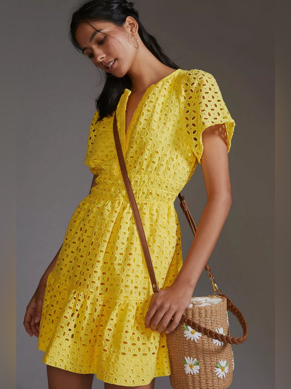 Anthropologie Somerset Eyelet Mini Dress Yellow Size Medium 57131